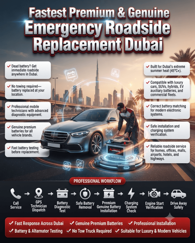 Professional Car Battery Emergency Roadside Replacement Process in Dubai Professional car battery emergency roadside replacement process in Dubai showing a mobile technician replacing a genuine battery with step-by-step service workflow and supported roadside service locations.