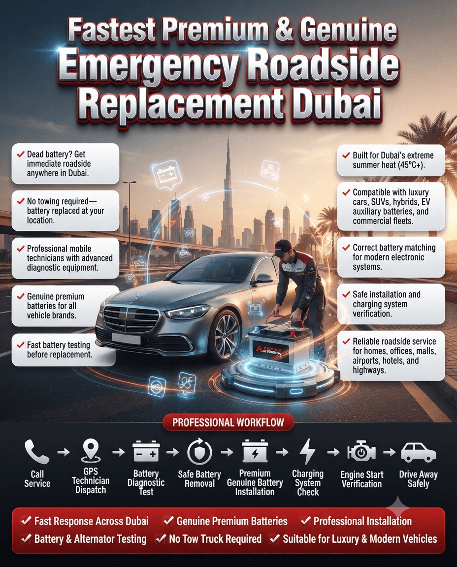 Fastest Premium & Genuine Car Battery Emergency Roadside Replacement Dubai