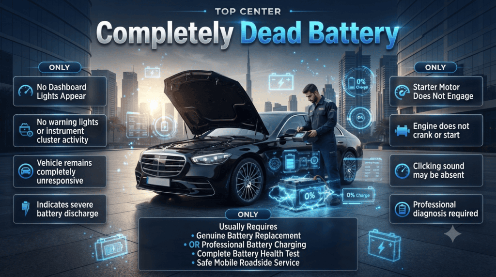 Completely Dead Battery โ Signs, Diagnosis & Professional Solution in Dubai Luxury vehicle with a completely dead battery being diagnosed by a EuroSwift Auto Services technician in Dubai, showing no dashboard lights, no engine response, and professional battery replacement guidance in a premium infographic.