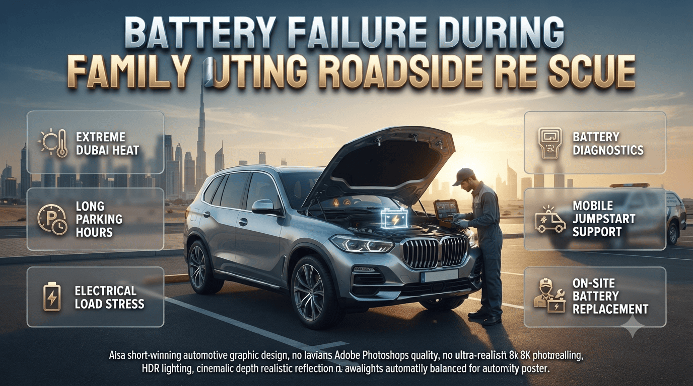 Family outing car battery failure in Dubai showing roadside assistance technician providing mobile jumpstart and battery replacement service