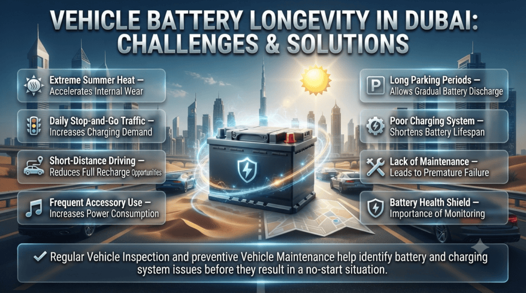 Professional automotive infographic showing the main factors affecting car battery life in Dubai, including extreme heat, traffic, short trips, accessory use, parking, charging system, and maintenance.
