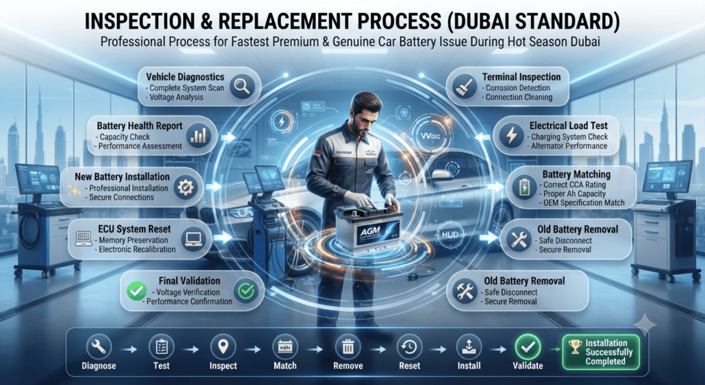 Inspection & Replacement Process (Dubai Standard) | Premium Car Battery Service Workflow Professional infographic illustrating the Dubai-standard car battery inspection and replacement process, including diagnostics, battery testing, terminal inspection, battery matching, ECU reset, installation, and final system validation.