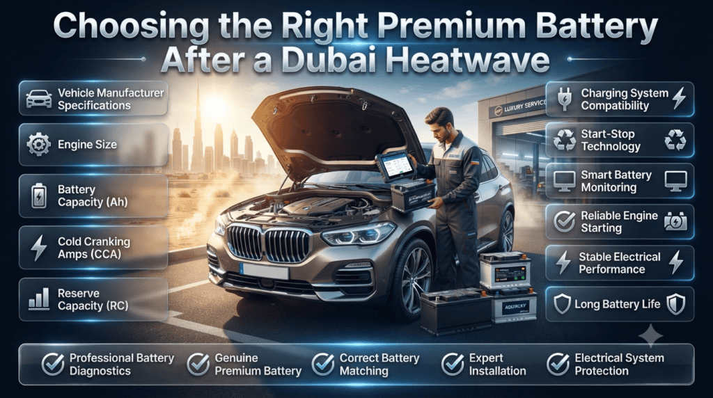 Choosing the Right Premium Battery After a Dubai Heatwave Premium infographic showing how to choose the right car battery after a Dubai heatwave, including battery capacity, CCA, AGM technology, and charging system compatibility.