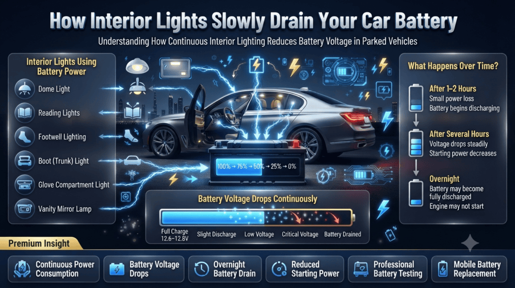 How Interior Lights Drain Your Car Battery | Complete Battery Voltage Loss Guide Premium automotive infographic showing how dome lights, reading lights, footwell lights, boot lights, glove box lights, and vanity mirror lamps continuously drain a parked car battery until the voltage becomes too low to start the engine.