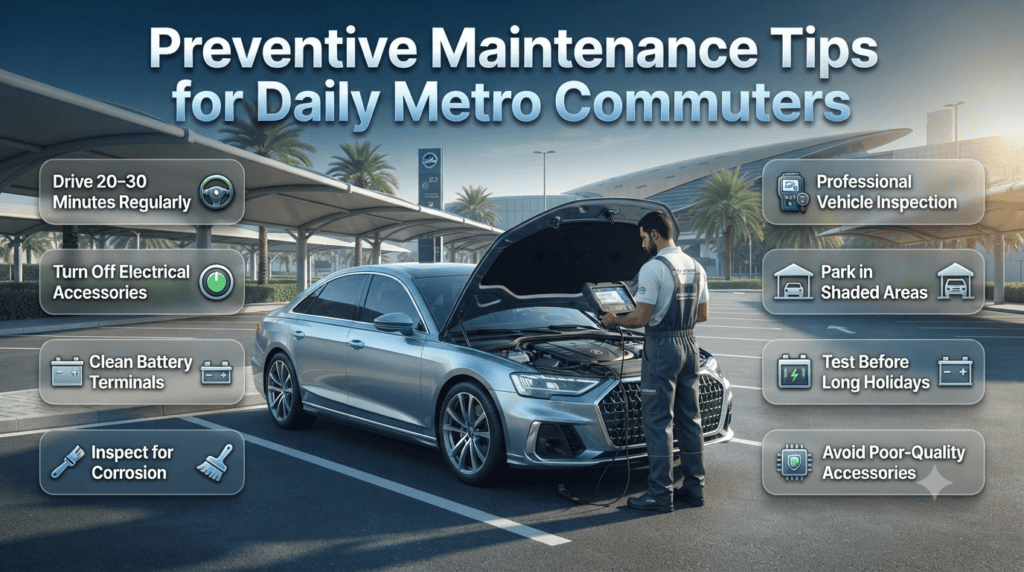 Infographic showing preventive car battery maintenance tips for Dubai Metro commuters, including shaded parking, battery inspections, terminal cleaning, and regular driving.