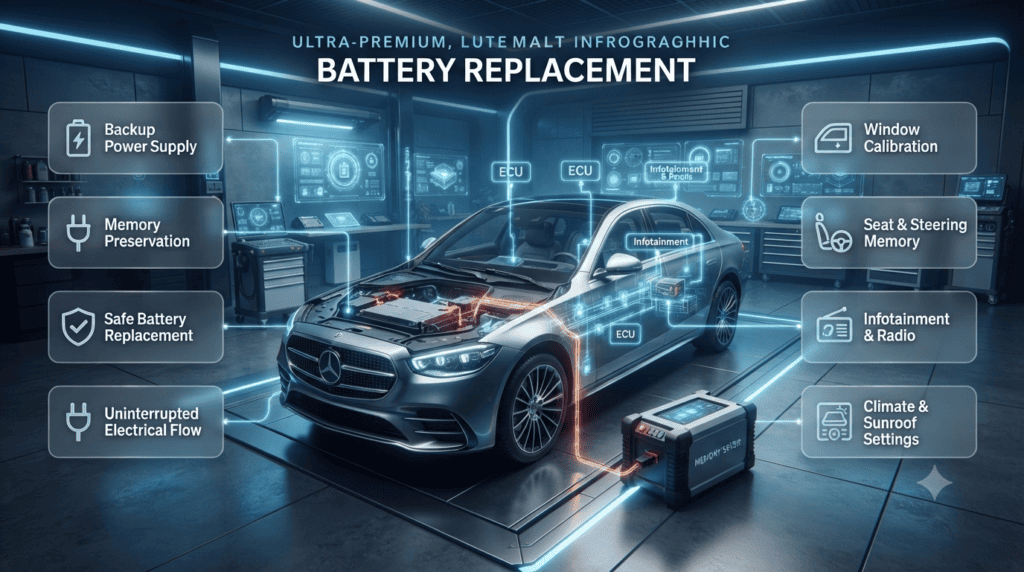 Professional automotive infographic showing memory preservation during battery replacement, highlighting backup power, vehicle settings retention, and safe battery installation.