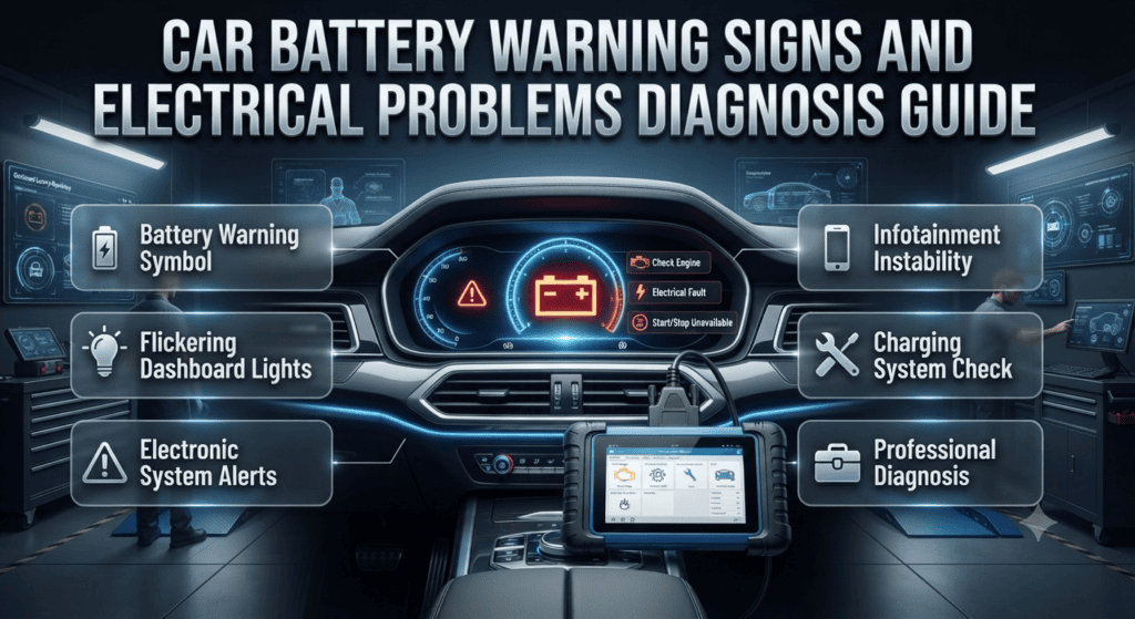 Car Battery Warning Signs and Electrical Problems Diagnosis Guide Car battery warning indicators showing dashboard lights, electrical faults, and professional vehicle diagnosis before battery replacement