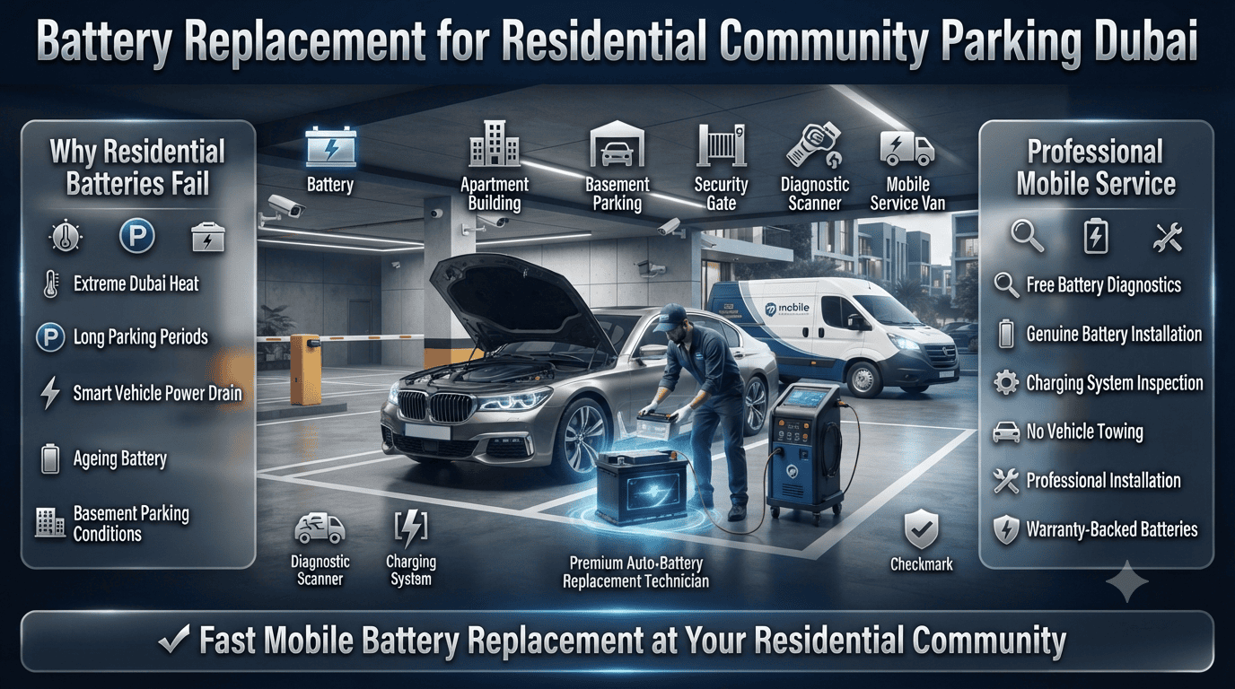 Professional mobile battery replacement service in a Dubai residential community, with a technician replacing a car battery in an apartment basement parking area.
