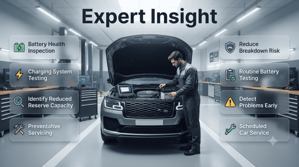 Automotive expert infographic showing battery inspections, charging system testing, preventative servicing, and reducing battery failure risks in Dubai traffic.