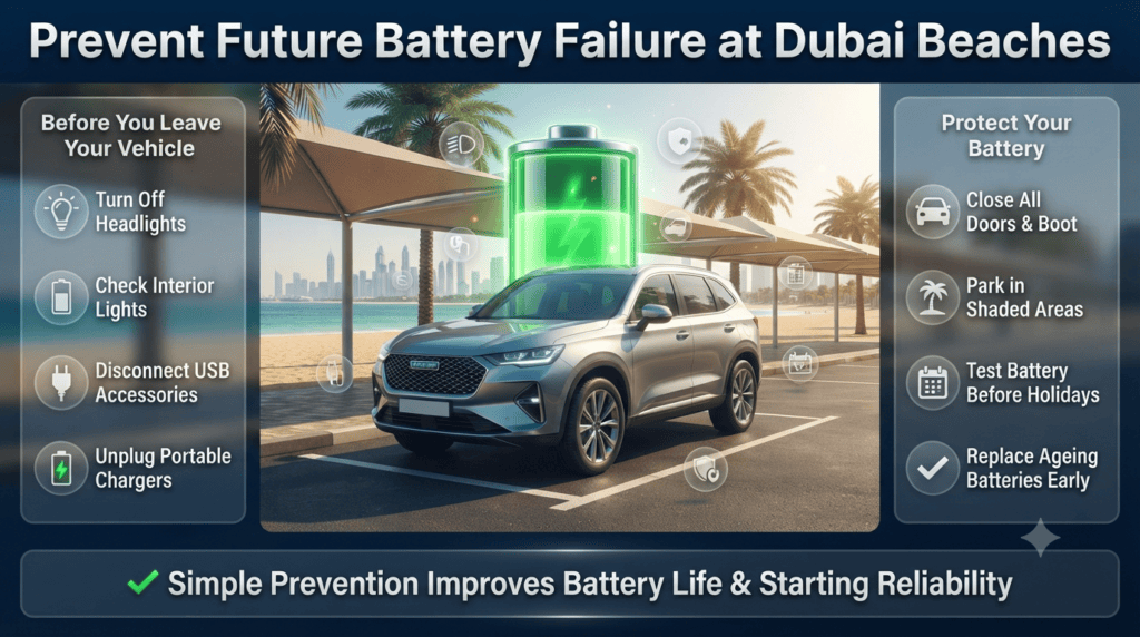 Infographic showing practical tips to prevent car battery failure while parking at Dubai beaches, including shaded parking, battery checks, and power-saving habits.