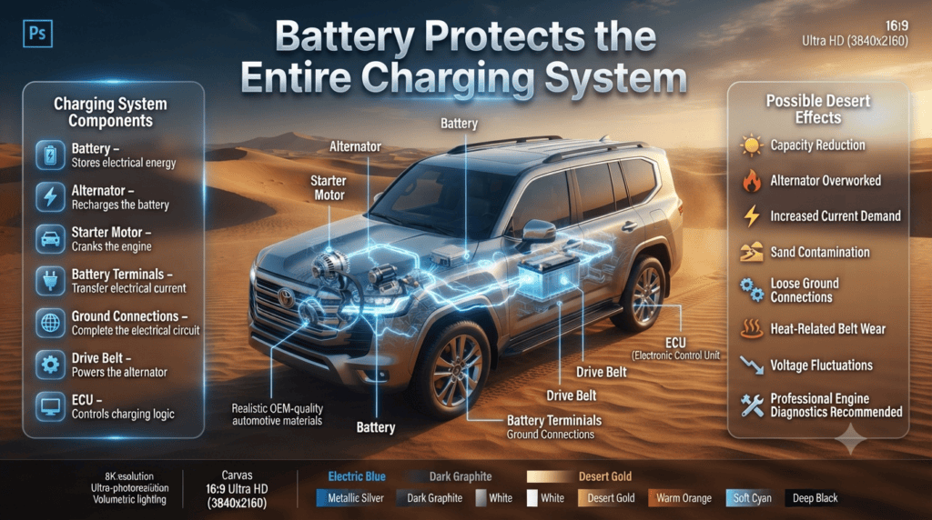 Infographic showing a vehicle charging system with battery, alternator, starter motor, ECU, drive belt, terminals, and ground connections affected by Dubai desert conditions.