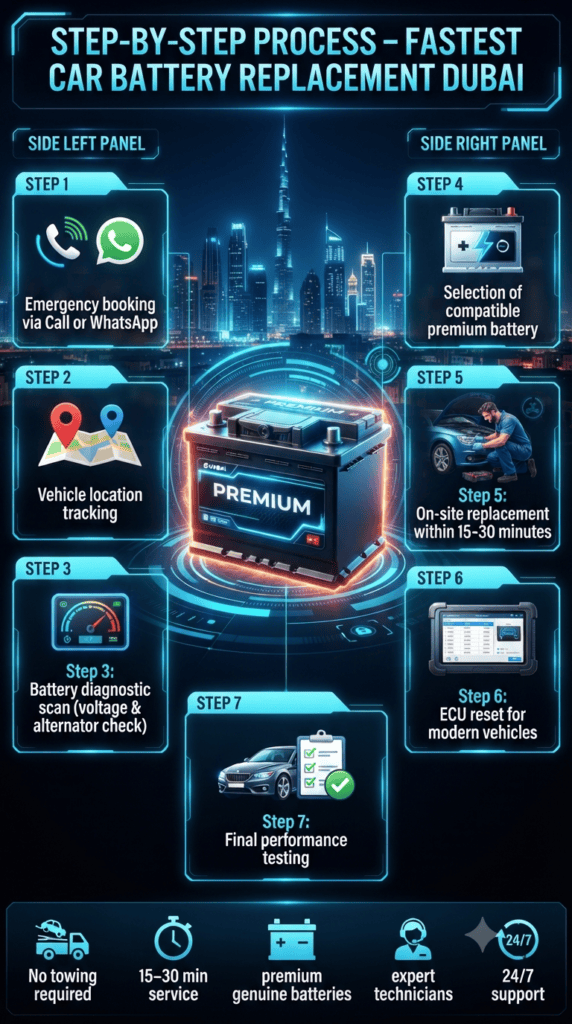 Fastest Premium Car Battery Replacement Service in Dubai – Step-by-Step Process Guide A futuristic infographic showing step-by-step car battery replacement service in Dubai with a central premium battery, surrounded by diagnostic, booking, tracking, and on-site replacement steps in a modern neon-blue UI design.