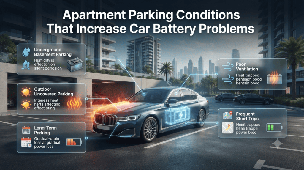 Infographic showing how different apartment parking conditions in Dubai affect car battery life, including heat, humidity, long-term parking, and short trips.