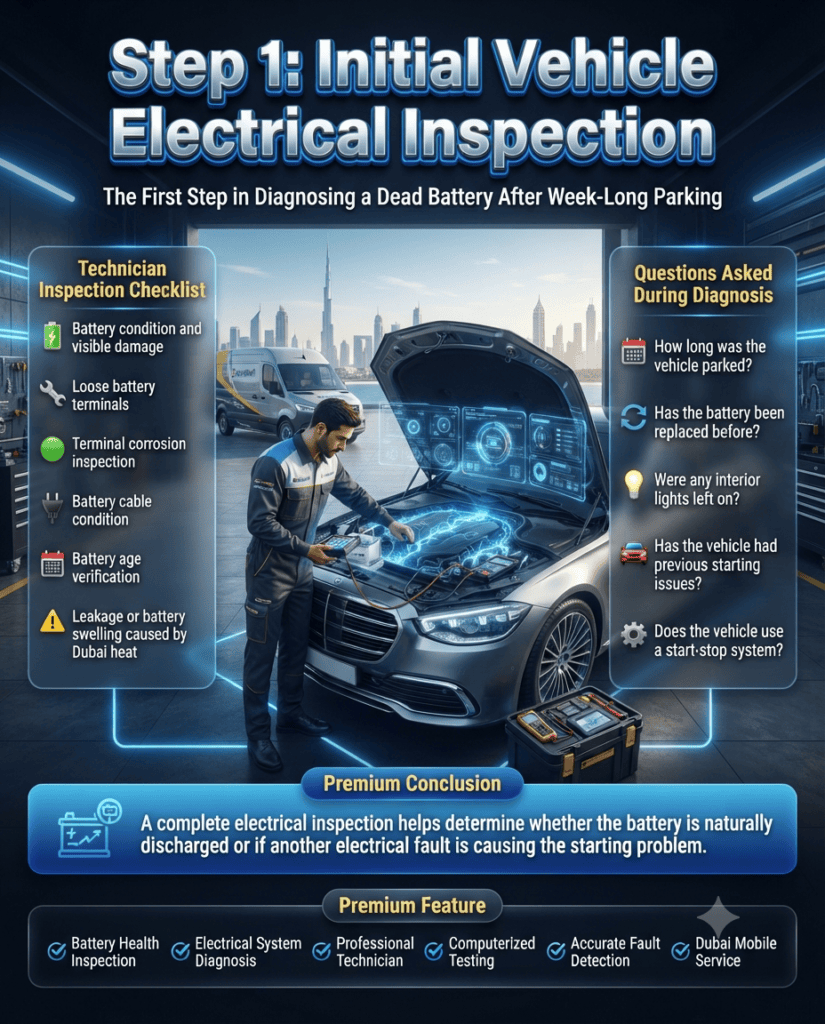 Step 1: Initial Vehicle Electrical Inspection | Professional Dead Battery Diagnosis in Dubai Premium automotive infographic showing a technician performing an initial electrical inspection on a luxury vehicle by checking battery condition, terminals, cables, corrosion, battery age, and asking diagnostic questions before replacing a dead car battery in Dubai.