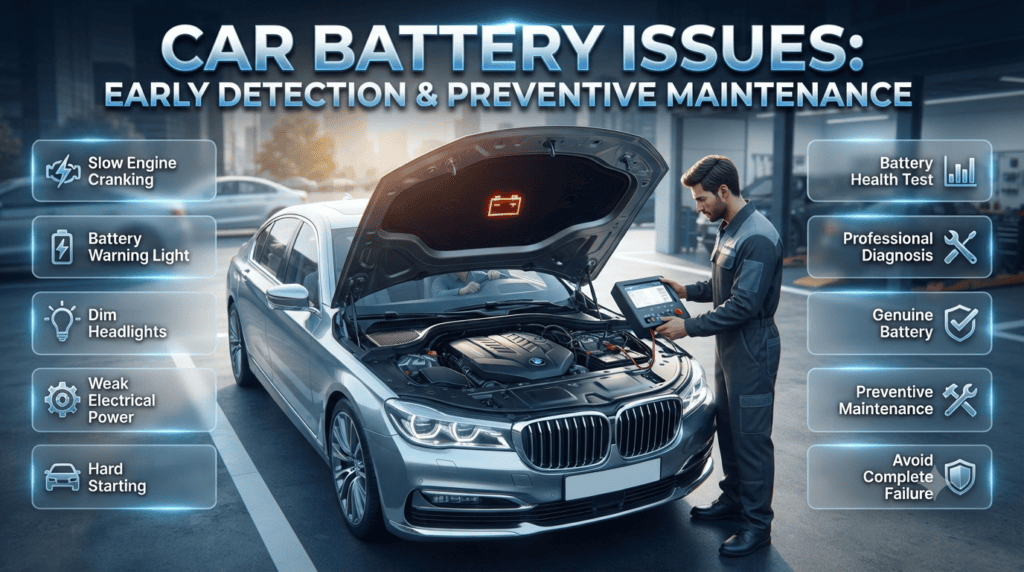 Early Warning Signs Before the Battery Completely Dies Driver noticing slow engine cranking and dashboard battery warning while a technician inspects the car battery, illustrating early signs of battery failure before complete breakdown.
