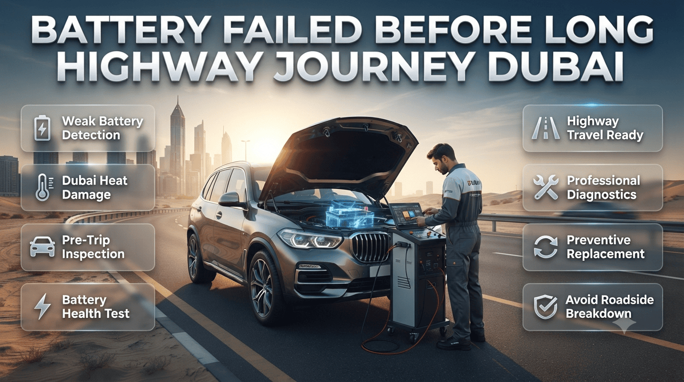 Professional technician inspecting a weak car battery before a long highway journey in Dubai with diagnostic equipment to prevent unexpected roadside battery failure. Battery Failed Before Long Highway Journey Dubai – Complete Prevention Guide