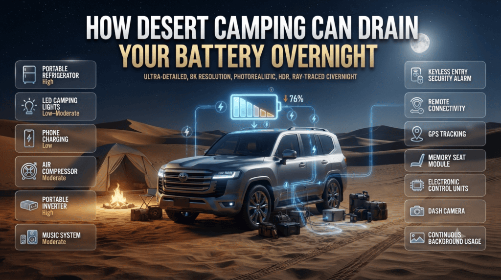 Infographic showing how overnight desert camping in Dubai drains a car battery through portable appliances, vehicle electronics, and continuous power consumption.