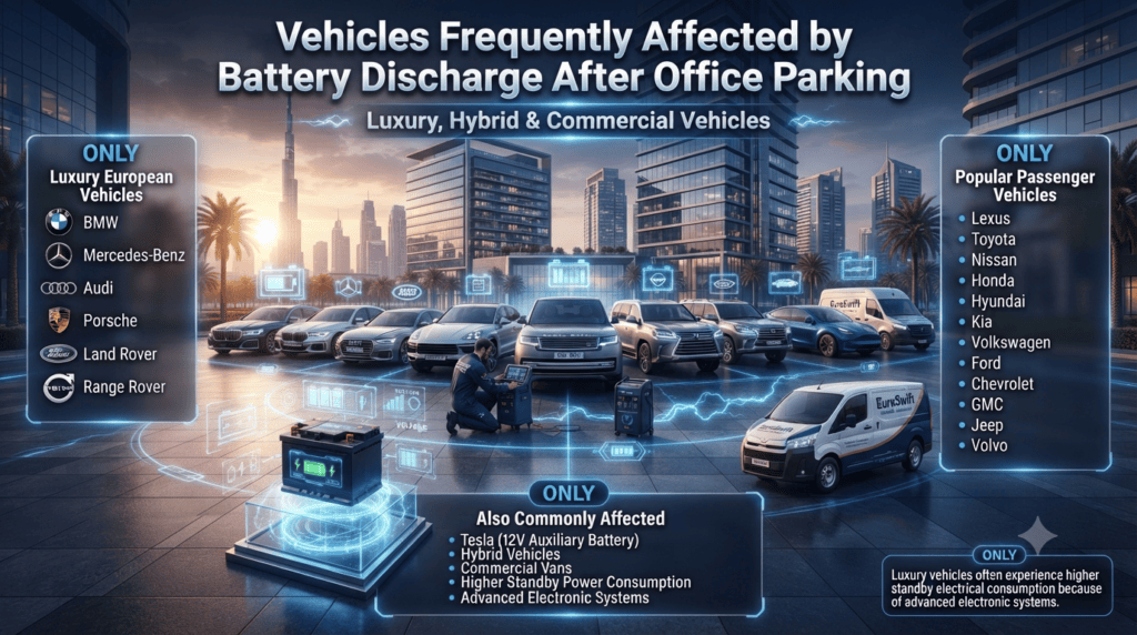 Vehicles Frequently Affected by Battery Discharge After Office Parking Premium infographic showing luxury, hybrid, passenger, and commercial vehicles commonly affected by battery discharge after office parking in Dubai, with a professional technician performing a battery health inspection.