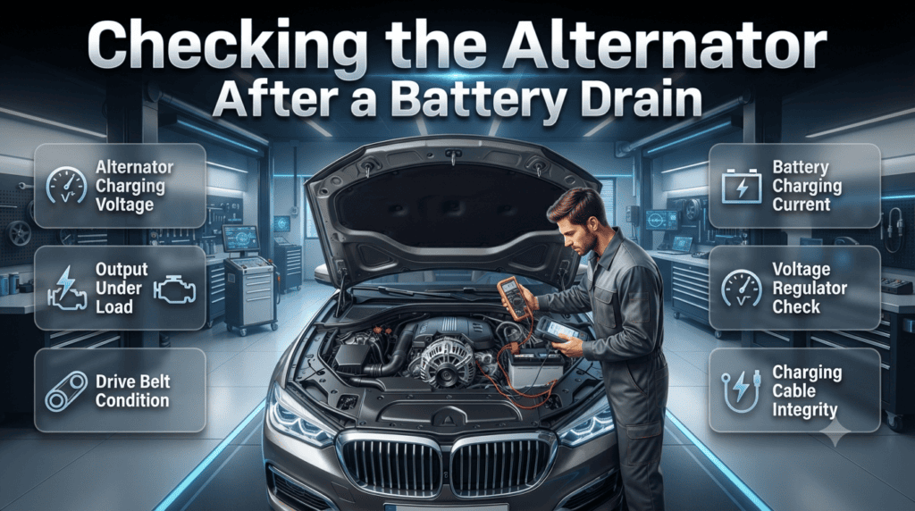 Technician testing a car alternator after battery drain using diagnostic equipment, highlighting charging voltage, battery current, and alternator performance.