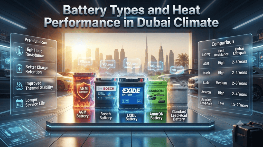 Battery Types and Heat Performance in Dubai Climate Guide Premium infographic comparing AGM, Bosch, Exide, Amaron, and standard lead-acid car batteries by heat resistance and lifespan in Dubai's extreme climate.