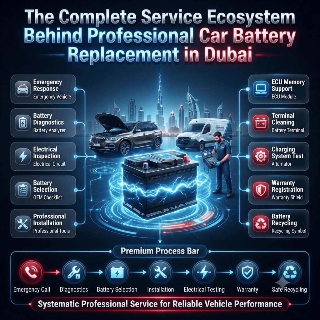Complete Professional Car Battery Replacement Service Ecosystem in Dubai | Mobile Battery Replacement Process Premium infographic illustrating the complete professional car battery replacement ecosystem in Dubai, including emergency response, battery diagnostics, electrical inspection, OEM battery selection, installation, ECU memory support, charging system testing, warranty registration, and battery recycling.