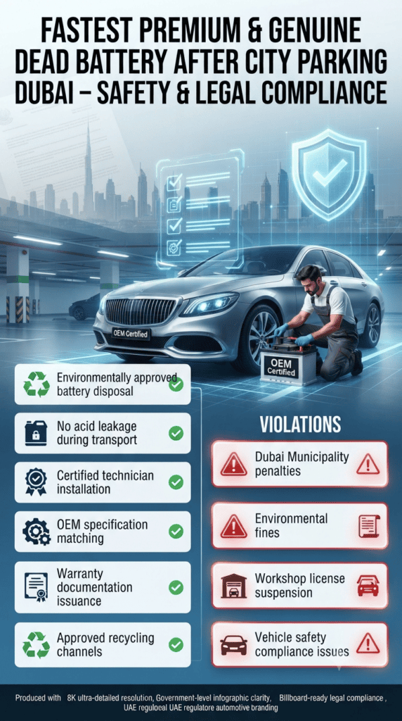 Dubai Car Battery Replacement Safety Regulations – Compliance Guide for Emergency Parking Services Dubai automotive battery replacement compliance infographic showing UAE safety regulations, certified technician requirements, environmental disposal rules, and violation penalties for emergency dead battery services after city parking.