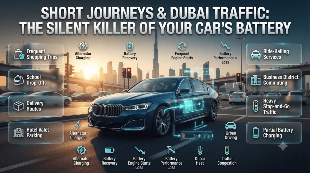 Infographic illustrating how Dubai's driving conditions reduce battery charging efficiency through short trips, stop-start traffic, ride-hailing, delivery routes, and frequent engine restarts.