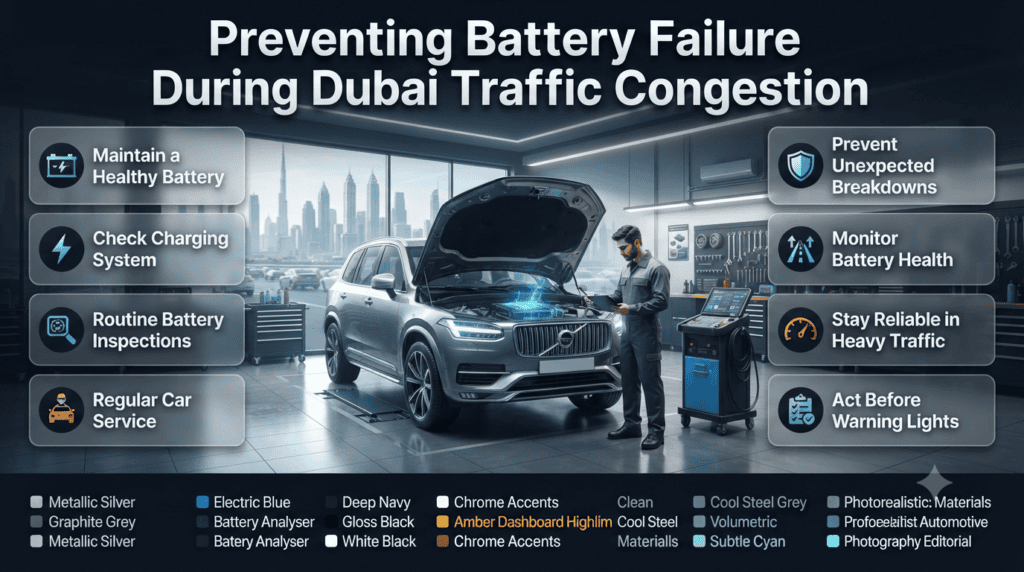 Infographic showing preventative car battery maintenance, charging system inspections, battery health checks, and reliable driving during Dubai traffic congestion.