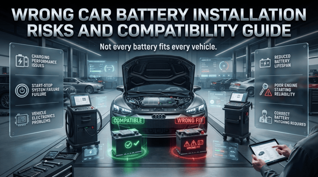 Incorrect car battery installation causing compatibility issues with vehicle electronics, charging systems, and start-stop technology