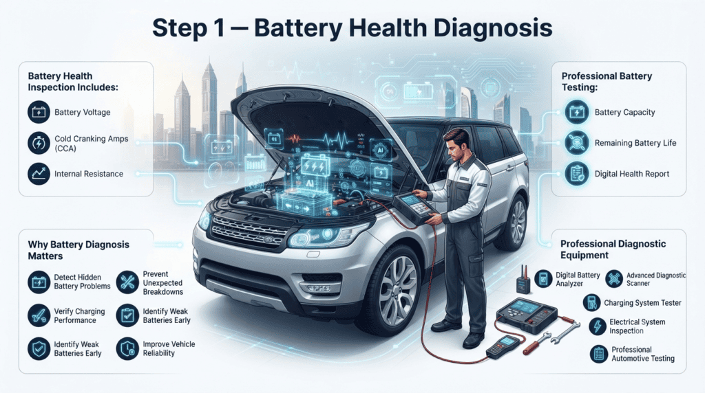 Step 1 β Battery Health Diagnosis | Professional Car Battery Testing Guide Professional battery health diagnosis infographic showing a luxury SUV, expert technician performing battery testing, digital battery analyzer, and key battery diagnostic checks before replacement.