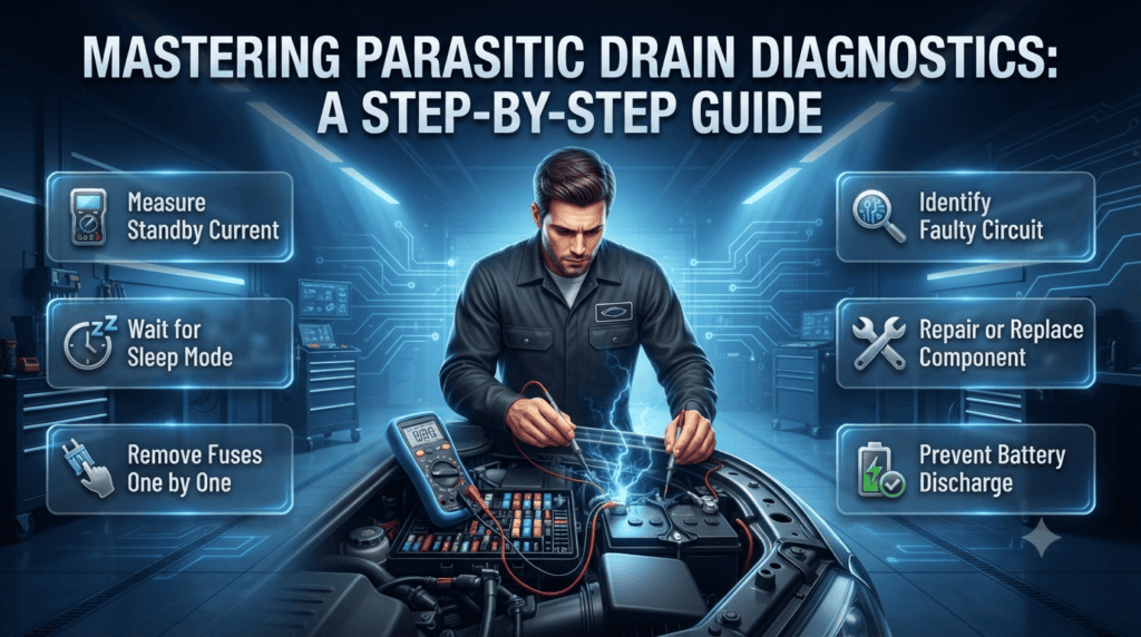 Automotive technician performing a parasitic drain inspection using a digital multimeter and fuse box to identify excessive battery power consumption.