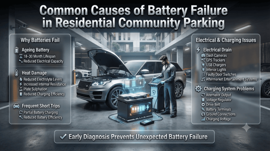 Infographic showing the leading causes of car battery failure in Dubai residential parking, including ageing batteries, heat damage, electrical drain, short trips, and charging system issues.