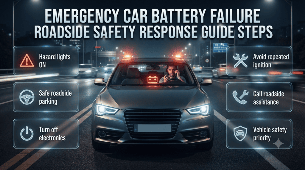 Emergency Car Battery Failure Roadside Safety Response Guide Steps Roadside emergency car breakdown with driver activating hazard lights and calling assistance after sudden battery failure for safety response