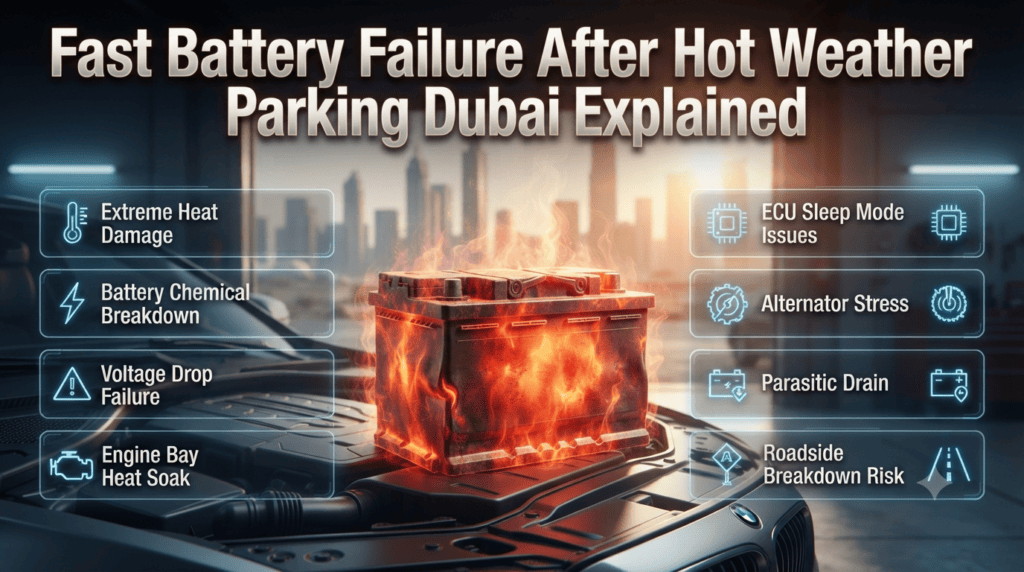 Car battery failure after hot weather parking in Dubai showing heat damage, diagnostics, and roadside assistance service concept