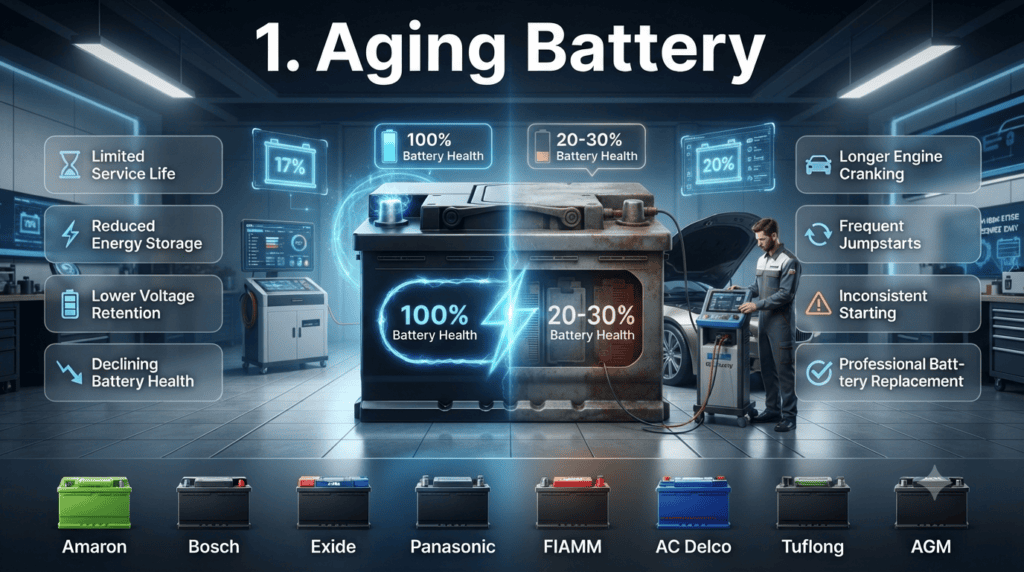 Aging Car Battery Signs and Professional Replacement Guide Photorealistic aging car battery with reduced performance, showing slow engine cranking, frequent jumpstarts, low voltage, and genuine replacement options.
