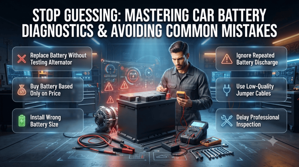 Professional automotive infographic showing common mistakes after a dead car battery, including incorrect battery replacement, alternator issues, and poor jump-start practices.