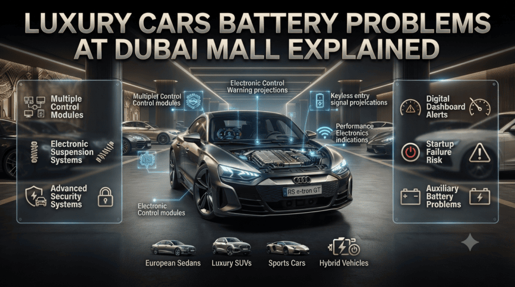 Luxury cars at Dubai Mall showing battery problems, electronic warning alerts, and professional diagnostics for premium vehicles