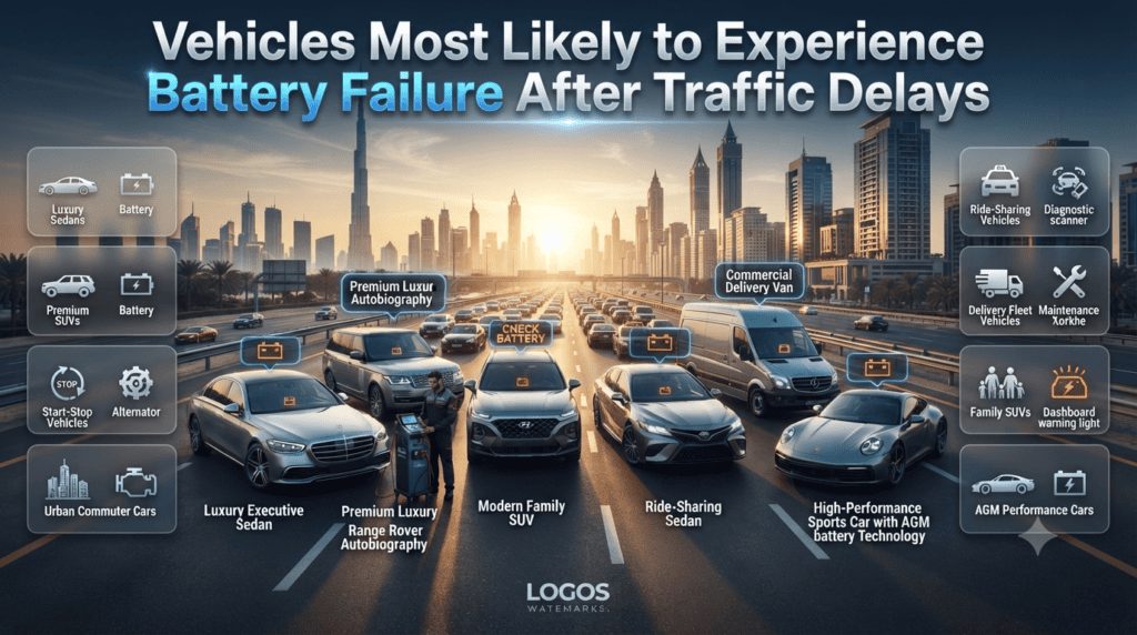 Vehicles Most Likely to Experience Battery Failure After Traffic Delays Premium automotive infographic showing luxury sedans, SUVs, fleet vehicles, and delivery vans most prone to battery failure after prolonged traffic delays in Dubai.