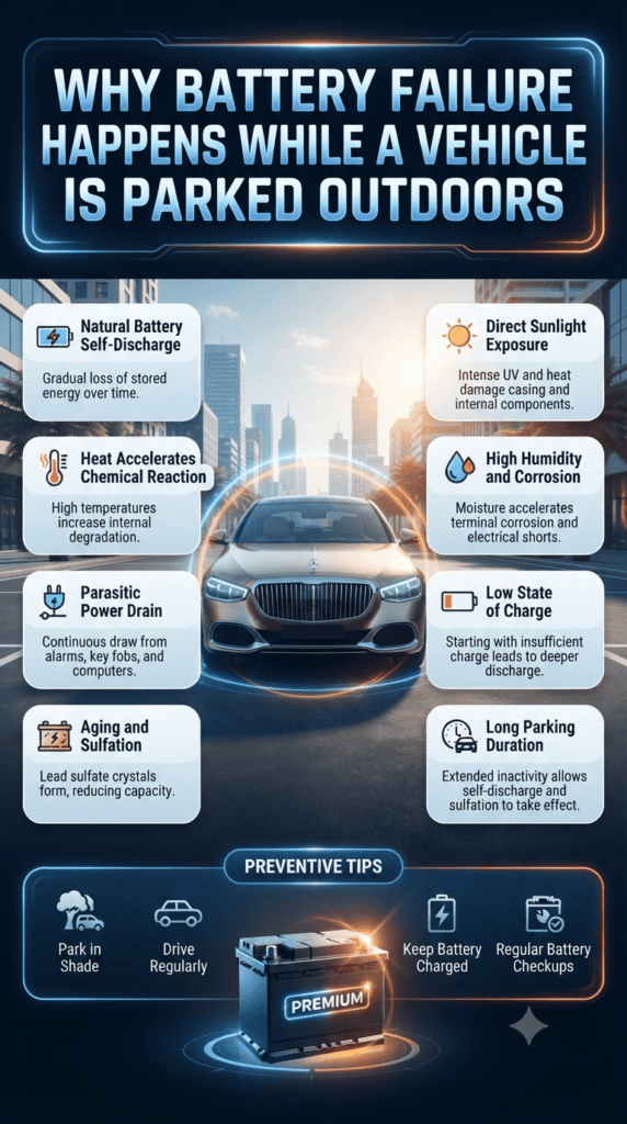 Why Battery Failure Happens When a Vehicle Is Parked Outdoors A professional automotive infographic showing why car batteries fail when vehicles are parked outdoors, featuring a central luxury car, surrounding explanatory panels, and heat-related battery failure causes.