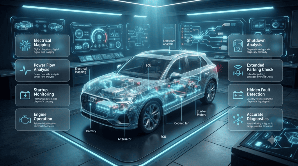 Automotive infographic illustrating electrical mapping diagnostics for modern vehicles, showing battery, ECU, sensors, and power flow analysis during vehicle operation.