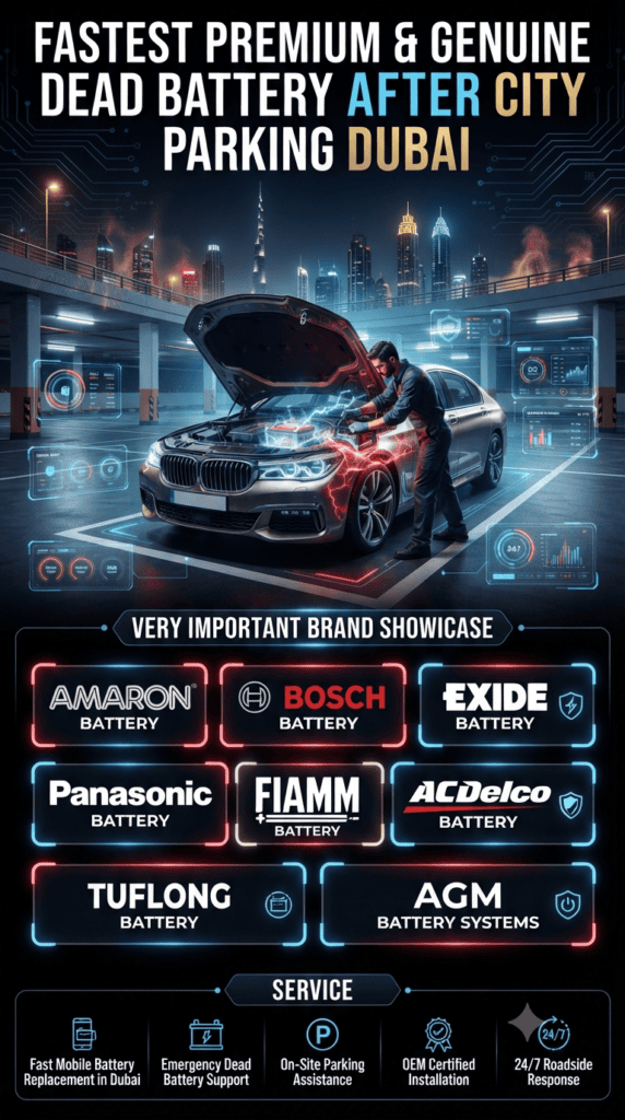 Premium Car Battery Brands Dubai – Fast Emergency Replacement After City Parking Failure Premium Dubai car battery replacement infographic showing top battery brands including Amaron, Bosch, Exide, Panasonic, FIAMM, AC Delco, Tuflong, and AGM systems for dead battery emergency after city parking.