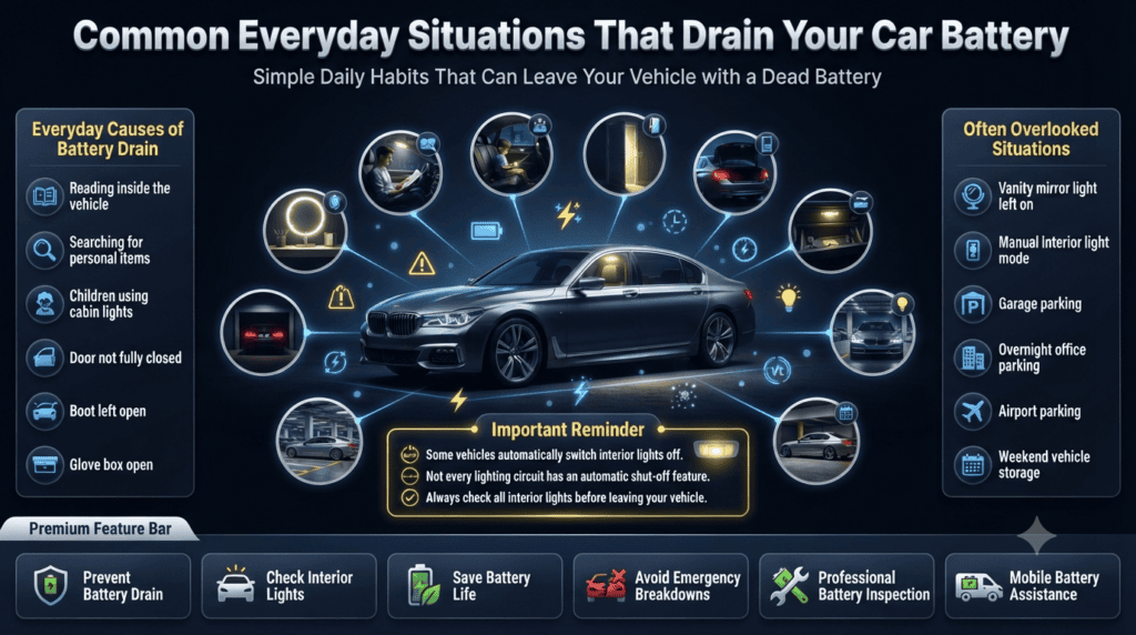 Common Everyday Situations That Drain Your Car Battery | Forgotten Interior Light Guide Premium infographic illustrating common daily situations that accidentally drain a car battery, including doors left open, boot not fully closed, interior lights left on, airport parking, garage parking, and weekend vehicle storage.