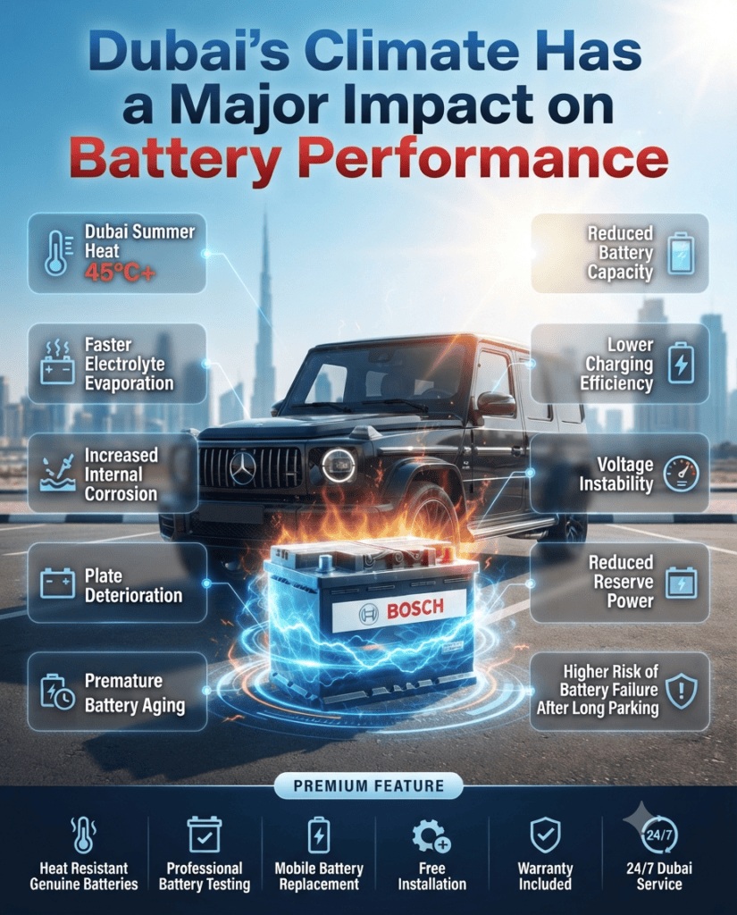 Dubai's Climate Has a Major Impact on Battery Performance | Complete Heat Impact Guide Premium infographic illustrating how Dubai's extreme summer heat affects car battery performance through electrolyte evaporation, internal corrosion, reduced capacity, charging inefficiency, voltage instability, and premature battery aging.