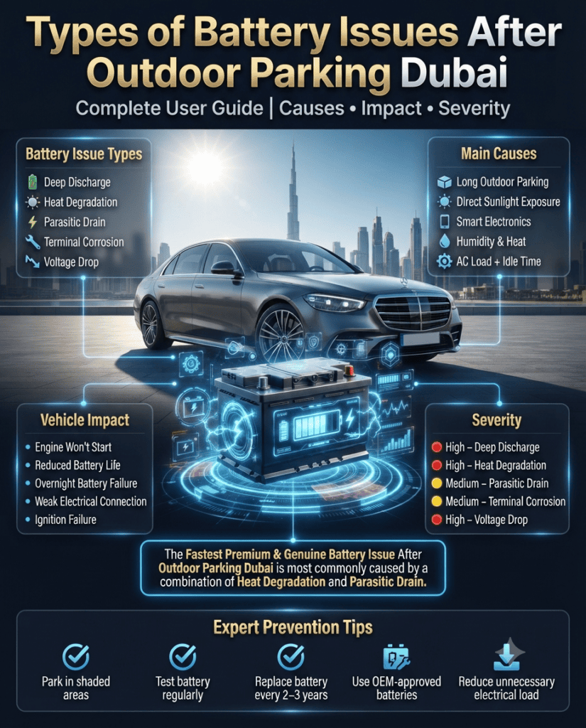 Types of Battery Issues After Outdoor Parking Dubai – Complete User Guide Premium infographic illustrating the types of battery issues after outdoor parking in Dubai, including deep discharge, heat degradation, parasitic drain, terminal corrosion, voltage drop, their causes, impacts, severity levels, and expert prevention tips with a luxury car and premium battery.
