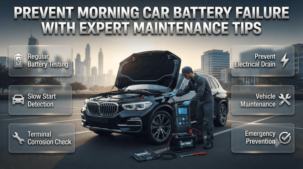 Prevent Morning Car Battery Failure With Expert Maintenance Tips Expert car battery maintenance tips showing preventive checks, terminal inspection, battery testing, and avoiding morning vehicle emergencies