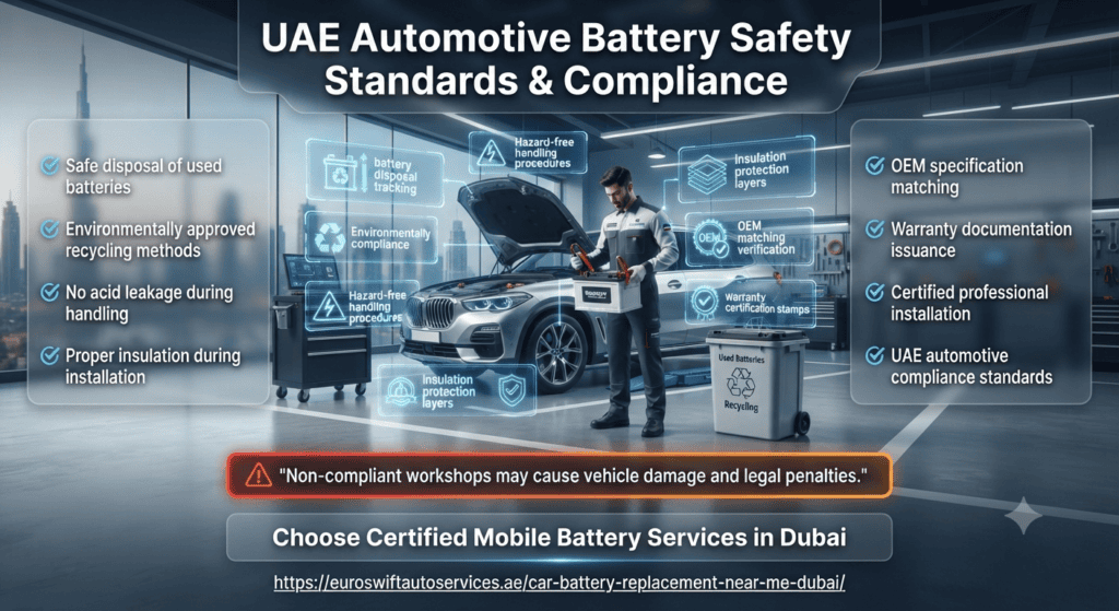 UAE Automotive Battery Safety Standards & Compliance | Professional Car Battery Handling Guide Premium infographic showing UAE automotive battery safety standards, including safe disposal, recycling methods, insulation, OEM matching, warranty documentation, and certified installation practices for car battery services in Dubai.