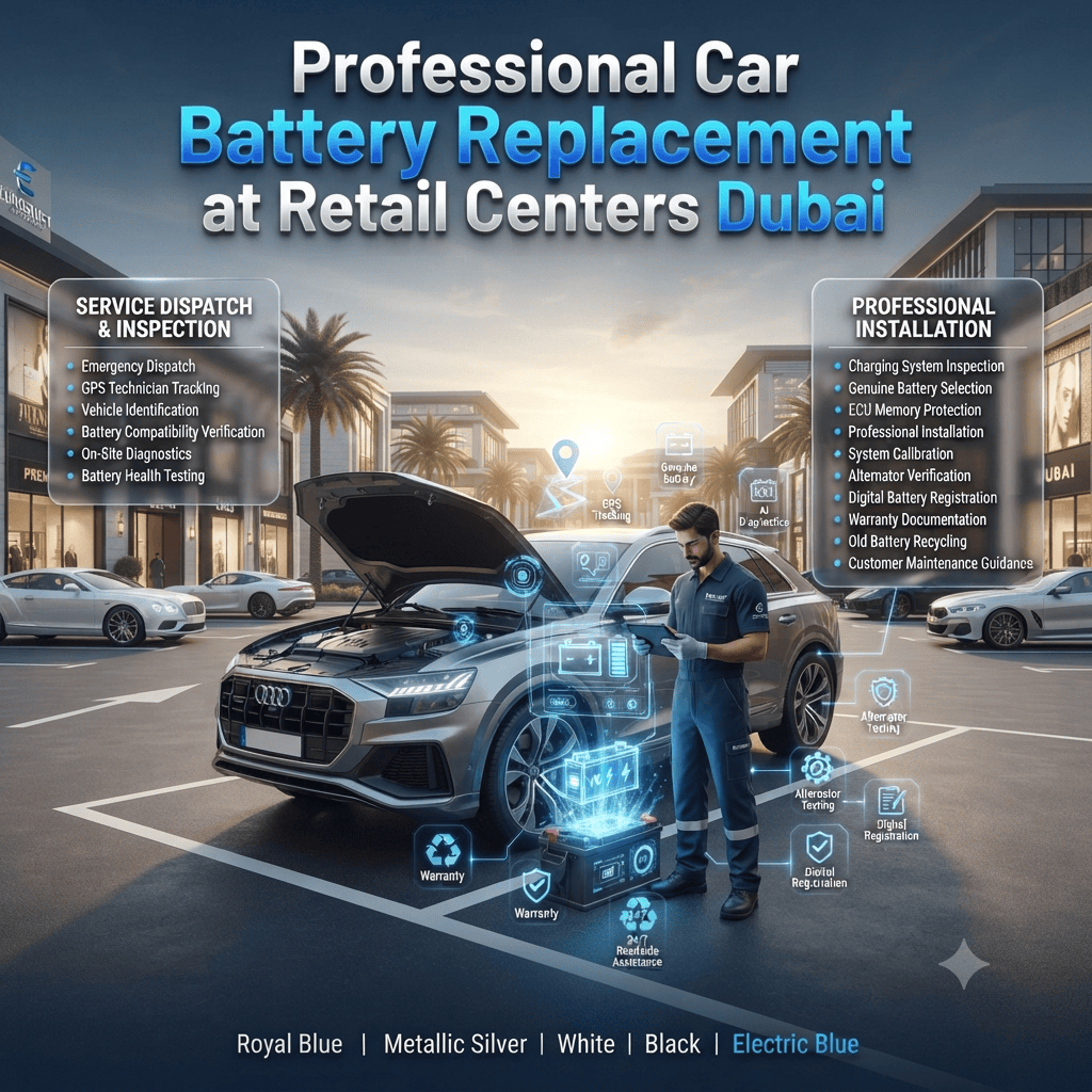 Professional Car Battery Replacement at Retail Centers Dubai | EuroSwift Auto Services Professional car battery replacement at a Dubai retail center with a EuroSwift Auto Services technician performing on-site diagnostics, genuine battery installation, ECU protection, and charging system testing.