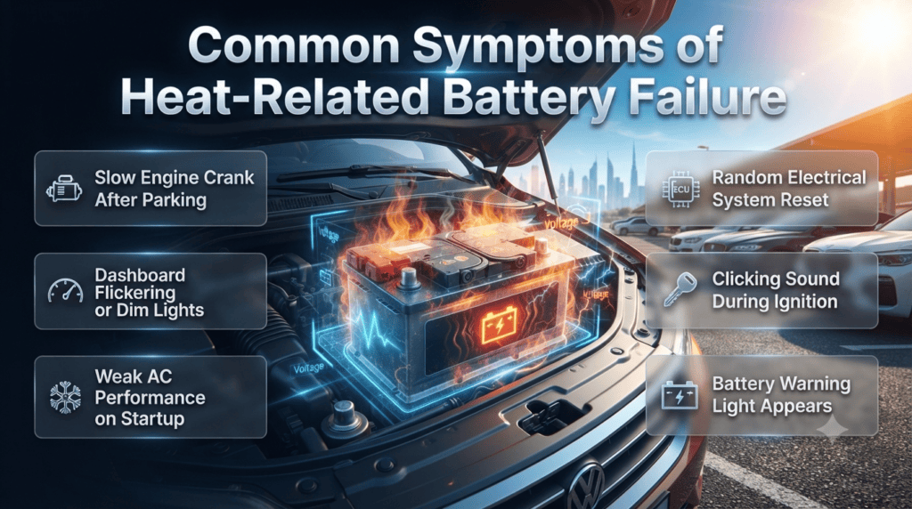 Common Symptoms of Heat-Related Car Battery Failure in Dubai Infographic showing common symptoms of heat-related car battery failure, including slow engine crank, dashboard flickering, weak AC, and battery warning light.