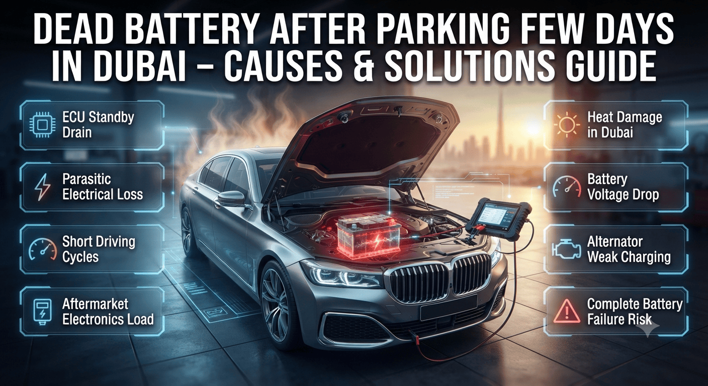 Cinematic infographic showing dead car battery issues after several days parked in Dubai with heat, ECU drain, and diagnostic solutions explained visually.