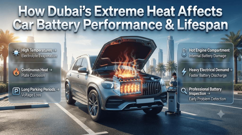How Dubaiโs Extreme Heat Affects Car Battery Performance & Lifespan Infographic showing how Dubaiโs extreme heat damages car batteries through electrolyte evaporation, corrosion, voltage loss, and reduced battery lifespan.